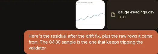 A sent message in a transcript: an image thumbnail and a "gauge-readings.csv" chip labelled TEXT sit above the message text, all part of the same sent turn